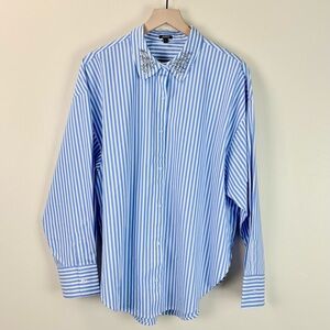 NEW Express Striped Jewel Collar Boyfriend Portofino Shirt Blue Stripe Large